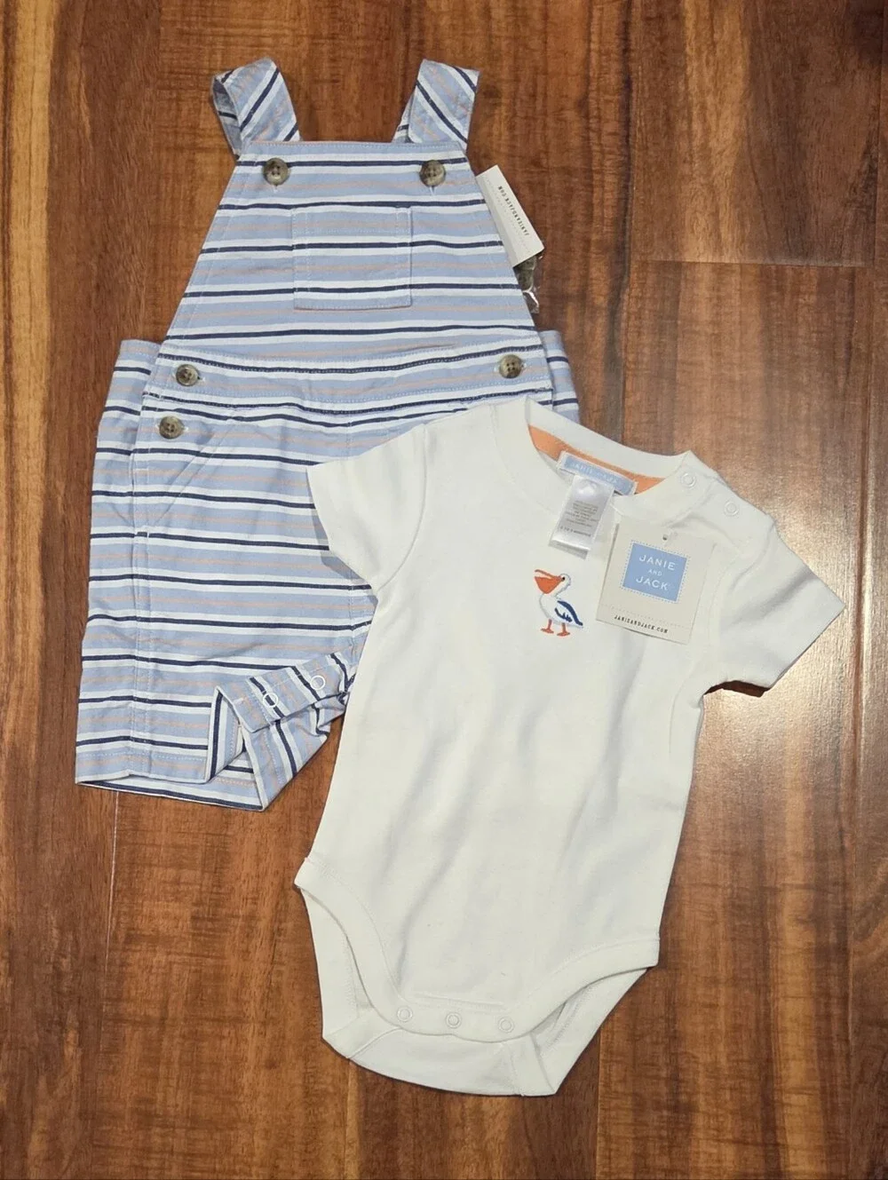 Janie and Jack NWT 0-3 Months Striped Shortall and Pelican Bodysuit